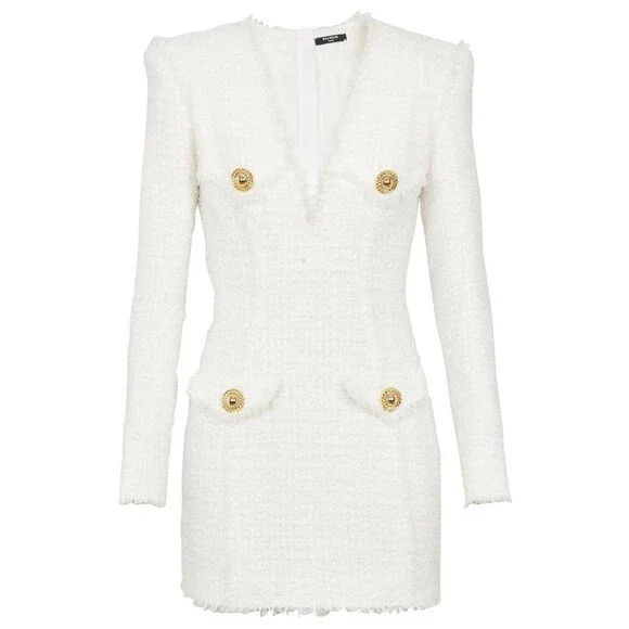 $3150 Balmain Womens Long Sleeve 4-Button Tweed Mini Dress White Size 42 / US 10 - Picture 3 of 6